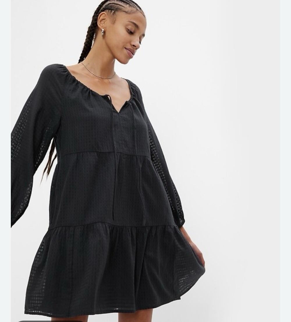 GAP Women's Tie Front Tiered Mini Dress Medium Black Long Balloon Sleeve NEW